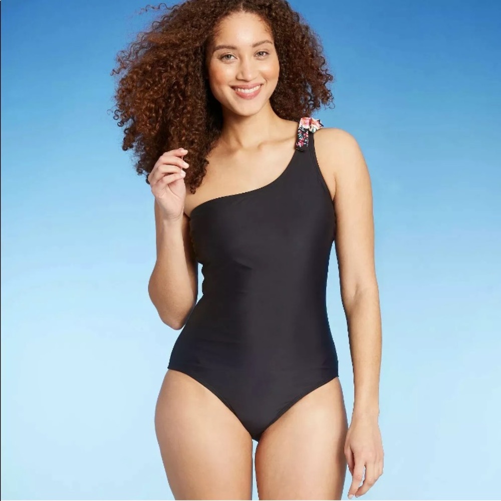 Kona Sol Swimsuit One Piece Medium One Shoulder Tie Black With Floral Strap NWT